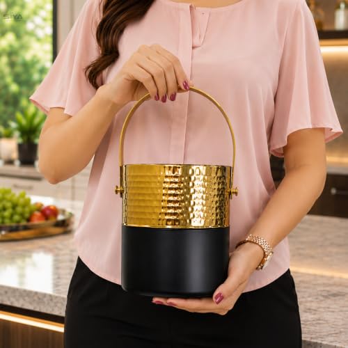 Premium Double Wall Ice Bucket with Lid & Tong, 1 Litre | Insulated Ice Holder with Hammered Gold Finish & Matte Black Base | for Bar, Home, Parties & Gifting